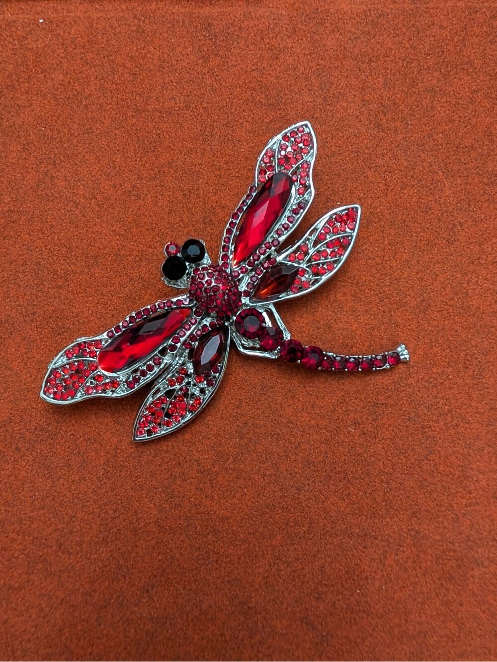 Large Red Rhinestone Silver Tone Dragonfly Brooch Pin NEW